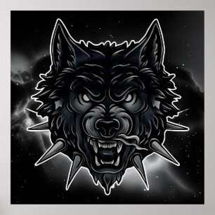 Fierce Wolf Illustration with Spiked Collar Poster