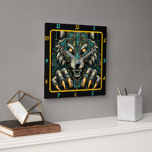 Fierce Wolf Neon Glow Timepiece Square Wall Clock