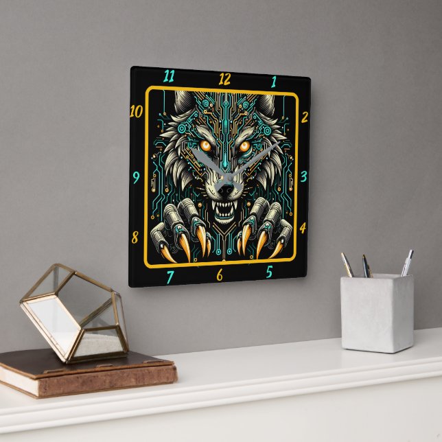 Fierce Wolf Neon Glow Timepiece Square Wall Clock (Office)