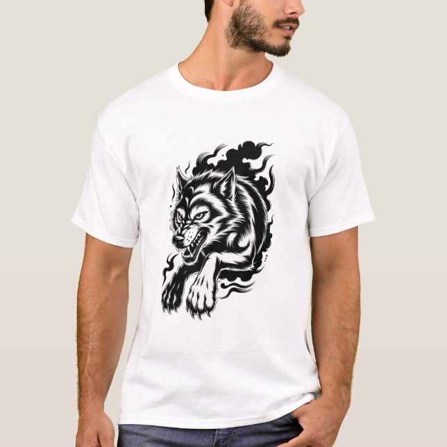 Fierce Wolf Shadow Graphic Aggressive Ink Beast T-Shirt (Front)