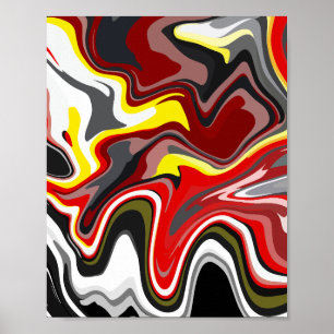 Fiery Abstract Fluid Art with Red, Yellow, & Black Poster