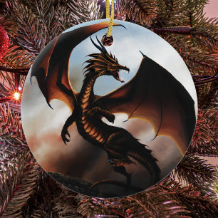 Fiery Amber Dragon Fantasy Ceramic Tree Decoration