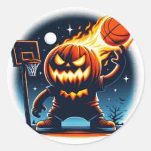 Fiery Basketball Pumpkin: Halloween Night Sports Classic Round Sticker