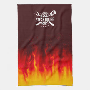 Fiery BBQ Kitchen Flames — Custom Steak House Tea Towel