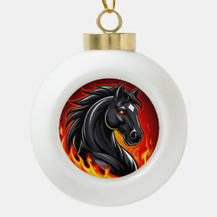 Fiery Black Horse Illustration with Glowing Eyes Ceramic Ball Christmas Ornament