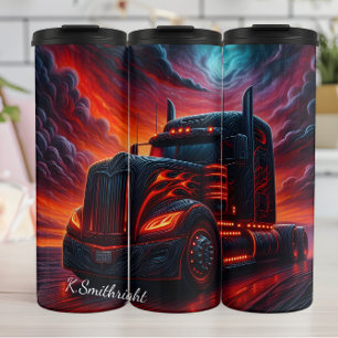 Fiery Black Semi Truck Sunset Thermal Tumbler