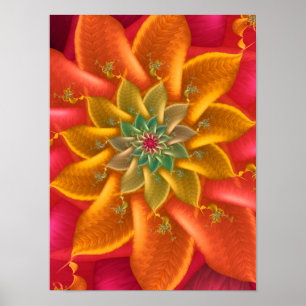 Fiery Bloom Fractal Amber Sunburst Design Poster