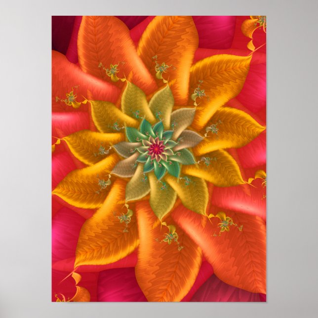 Fiery Bloom Fractal Amber Sunburst Design Poster (Front)