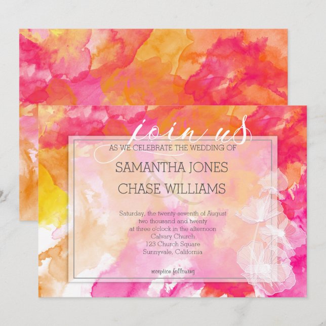 Fiery Bold Sunset Watercolor Hollyhock Wedding Invitation (Front/Back)