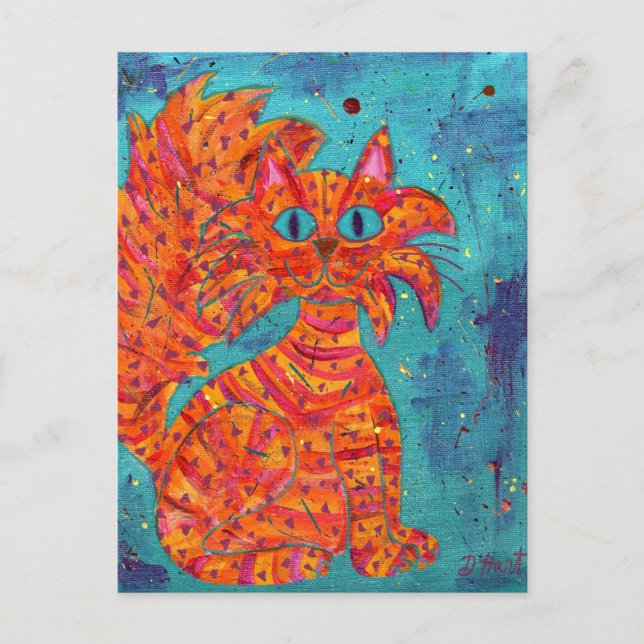 Fiery Cat on Turquoise Postcard (Front)