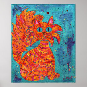 Fiery Cat on Turquoise Poster