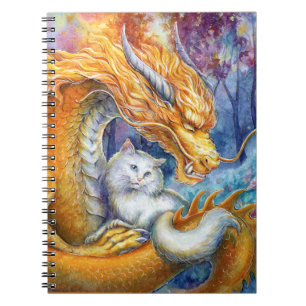 Fiery Chinese Dragon & White Cat in Magic Forest Notebook