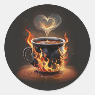 Fiery Christmas Coffee Cup with Heart Steam Art Classic Round Sticker