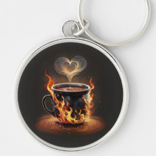 Fiery Christmas Coffee Cup with Heart Steam Art Key Ring
