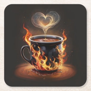 Fiery Christmas Coffee Cup with Heart Steam Art Square Paper Coaster