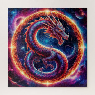 Fiery Cosmic Dragon Encircled by a Celestial Ring Jigsaw Puzzle