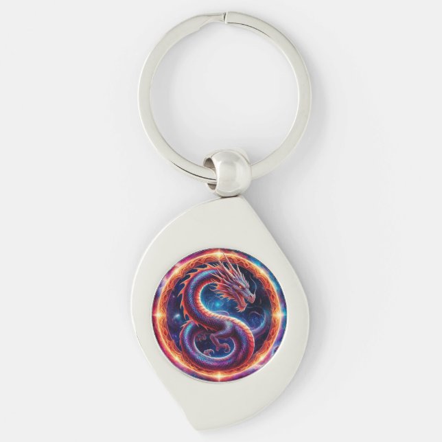 Fiery Cosmic Dragon Encircled by a Celestial Ring Key Ring (Front)