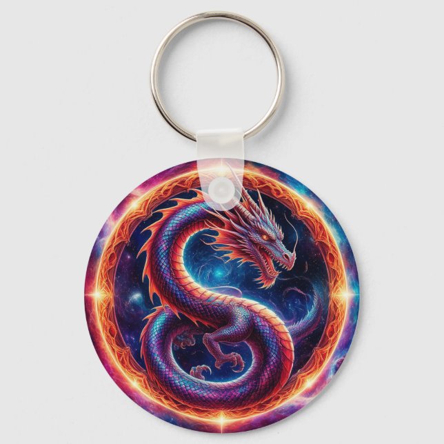 Fiery Cosmic Dragon Encircled by a Celestial Ring Key Ring (Front)