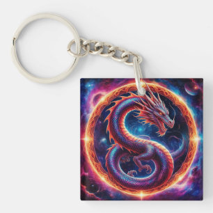 Fiery Cosmic Dragon Encircled by a Celestial Ring Key Ring