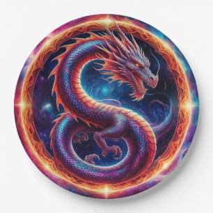 Fiery Cosmic Dragon Encircled by a Celestial Ring Paper Plate