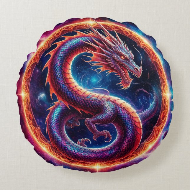Fiery Cosmic Dragon Encircled by a Celestial Ring Round Cushion (Front)