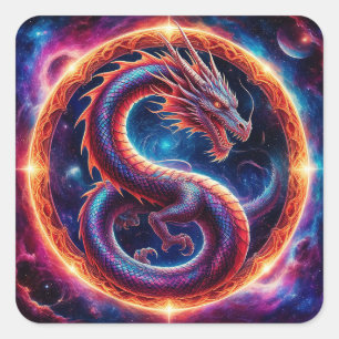 Fiery Cosmic Dragon Encircled by a Celestial Ring Square Sticker