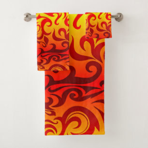 Fiery Curves of Red Orange & Gold Bath Towel Set