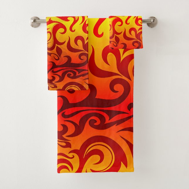 Fiery Curves of Red Orange & Gold Bath Towel Set (Insitu)