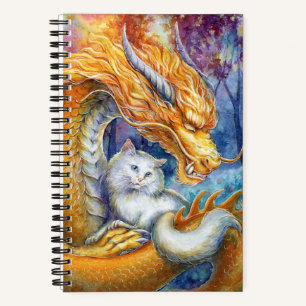 Fiery Dragon and White Cat Fantasy Watercolor Art Notebook