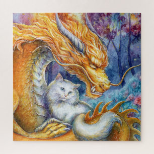 Fiery Dragon and White Cat in Mystical Forest Jigsaw Puzzle