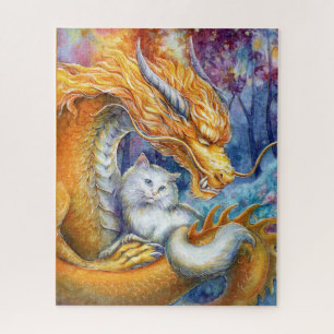 Fiery Dragon and White Cat in Mystical Forest Jigsaw Puzzle