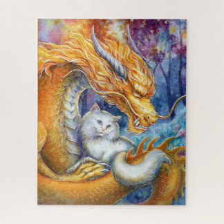 Fiery Dragon and White Cat in Mystical Forest Jigsaw Puzzle