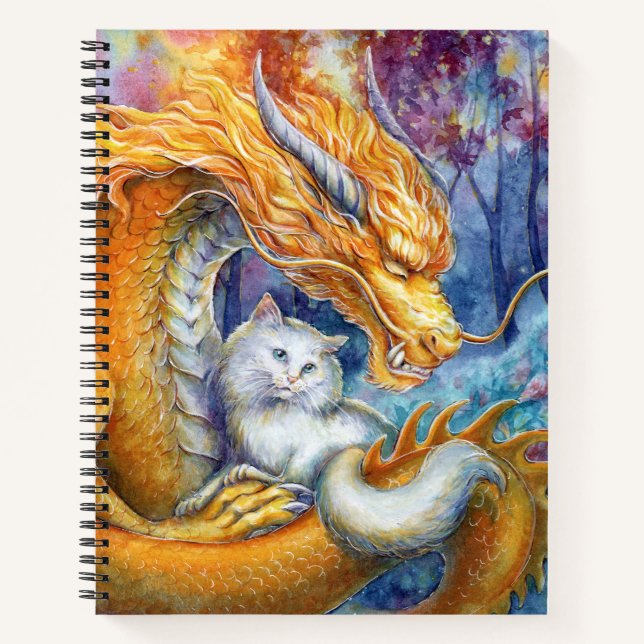 Fiery Dragon and White Cat in Mystical Forest Notebook (Front)