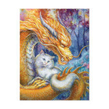 Fiery Dragon and White Cat in Mystical Forest