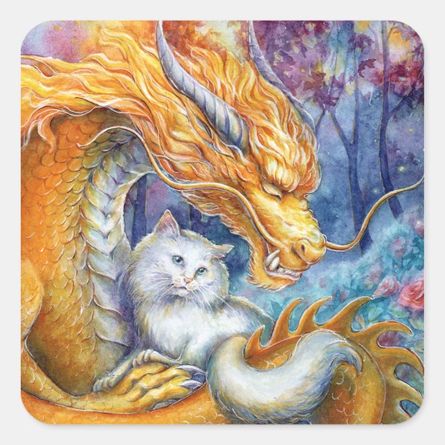 Fiery Dragon and White Cat in Mystical Forest Square Sticker (Front)