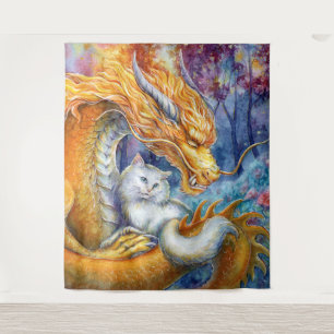Fiery Dragon and White Cat in Mystical Forest Tapestry