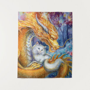Fiery Dragon and White Cat in Mystical Forest Tapestry