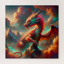 Fiery Dragon on Mountain Peak with Twilight Sky