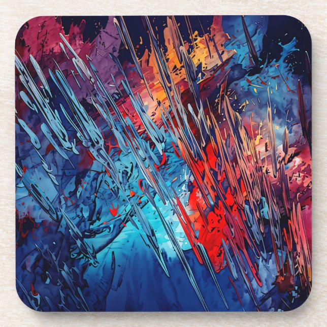 Fiery Drift Blue Red Contemporary Abstract Art Coaster (Front)