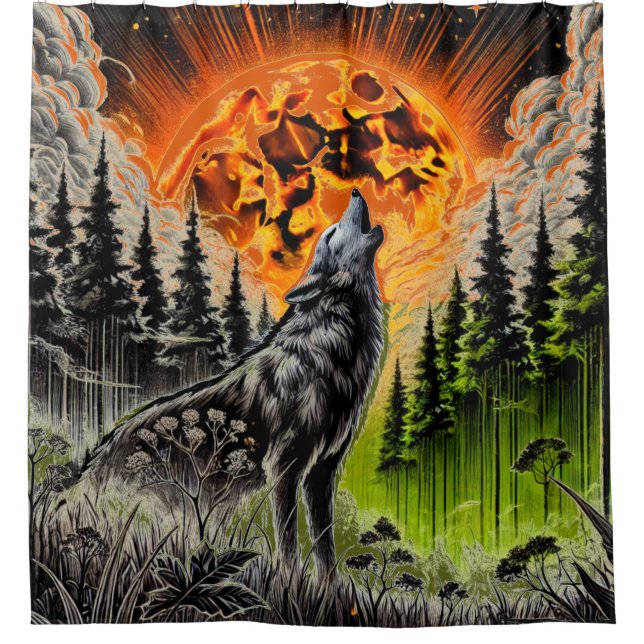 Fiery exploding moon radiant nightscape shower curtain (Front)