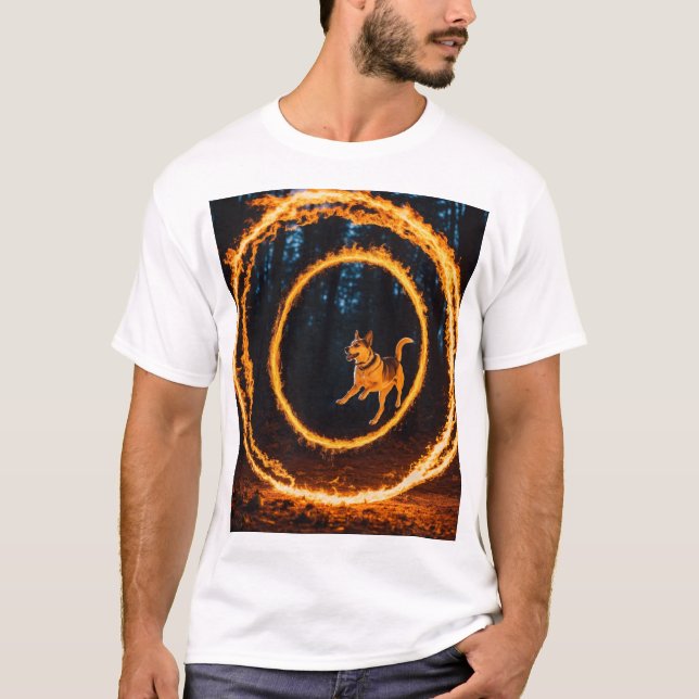 Fiery Forest Leap: Dog in Action T-Shirt (Front)