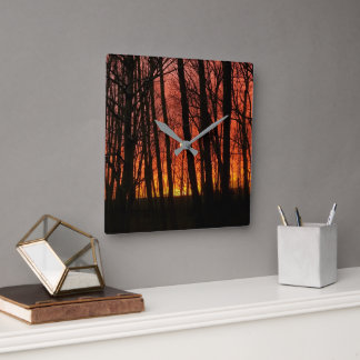 Fiery Forest Sunset Square Wall Clock