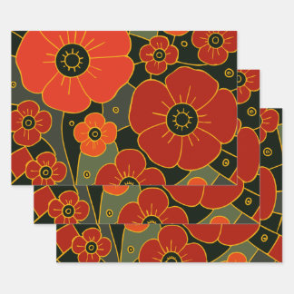 Fiery Garden – Stylised Poppy Bloom Wrapping Paper Sheet