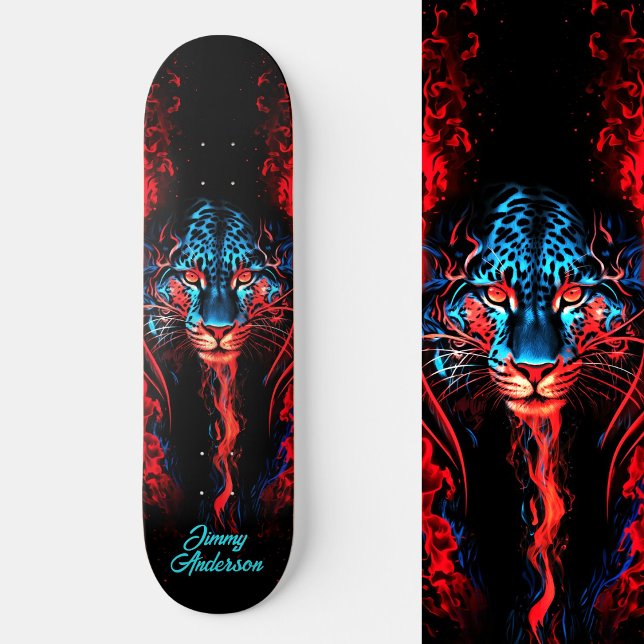 Fiery Glowing Tiger Blue & Red Cool Style Skateboard (Fiery Glowing Tiger Blue & Red Cool Style Skateboard)