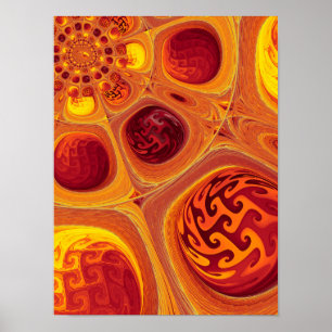 Fiery Golden Amber Orbs Fractal Swirl Poster