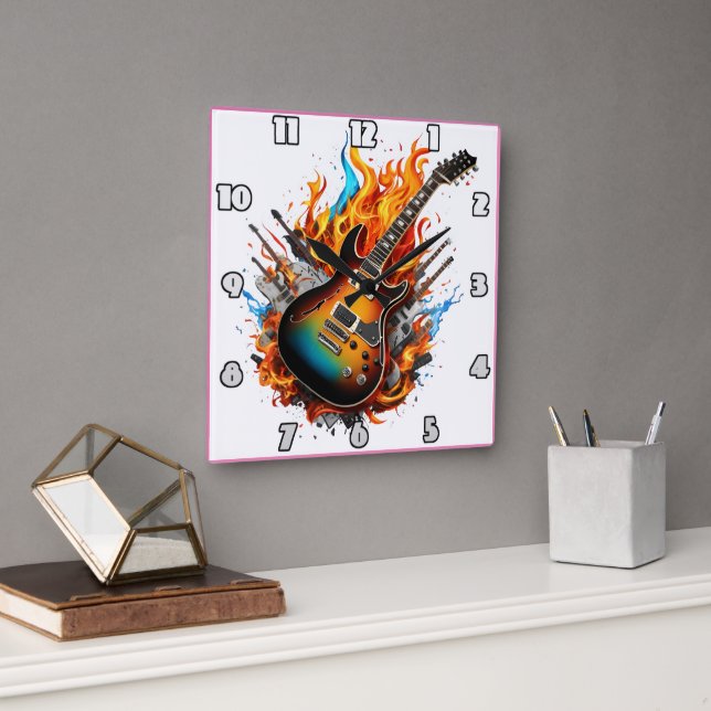 Fiery guitar amid flames and shadows square wall clock (Office)