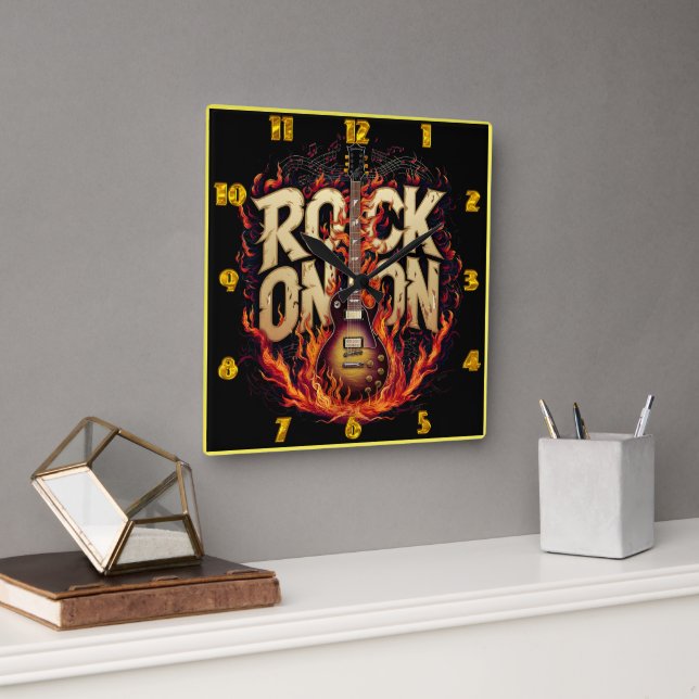 Fiery guitar artwork with rock-themed design square wall clock (Office)