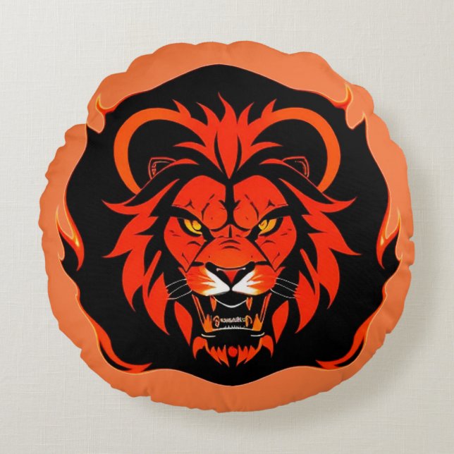 Fiery Lion Head Illustration Round Cushion (Front)