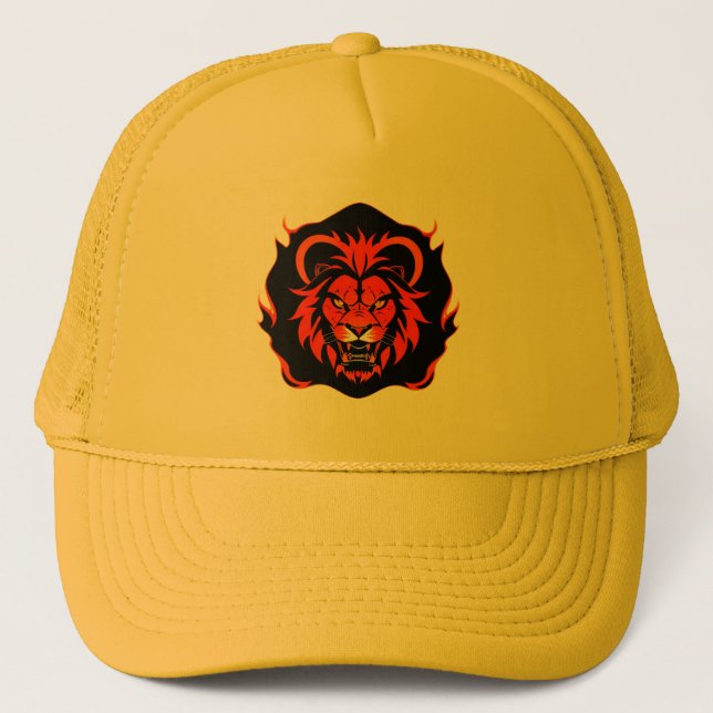 Fiery Lion Head Illustration Trucker Hat (Front)