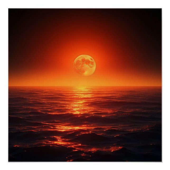 Fiery Moon Over Calm Ocean Fantasy Sunset Poster (Front)